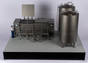 Sous vide cook tank scale model with one lid raised, an operator figure at the platform and two water tanks beside it